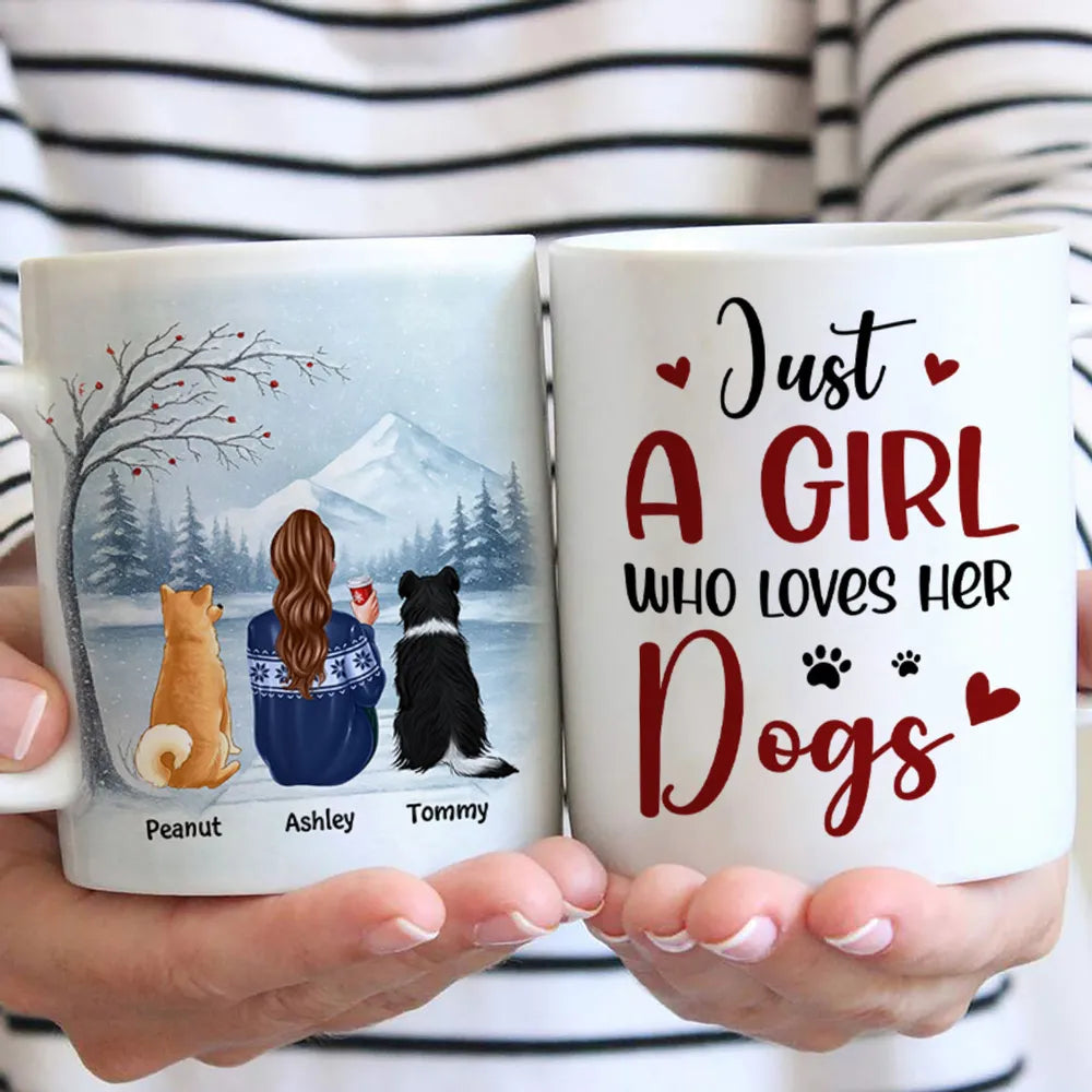 Personalized White Ceramic Mug for Dog Moms with Angel Pup Illustration, Winter Scene, Meaningful Pet Memorial Gift