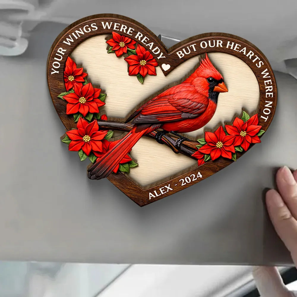 Personalized 2-Layer Wooden Car Visor Clip with Memorial Cardinal in Heart Frame, Unique Sympathy Gift for Loved One