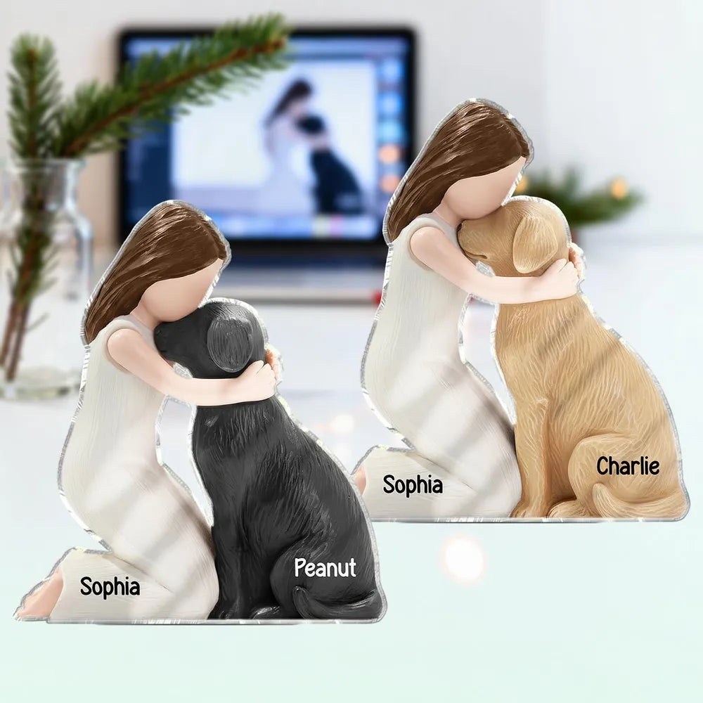 Personalized Shaped Acrylic Block Plaque with Girl Hugging Dog, Heartfelt Pet Lover Gift & Lasting Love Memory Decor