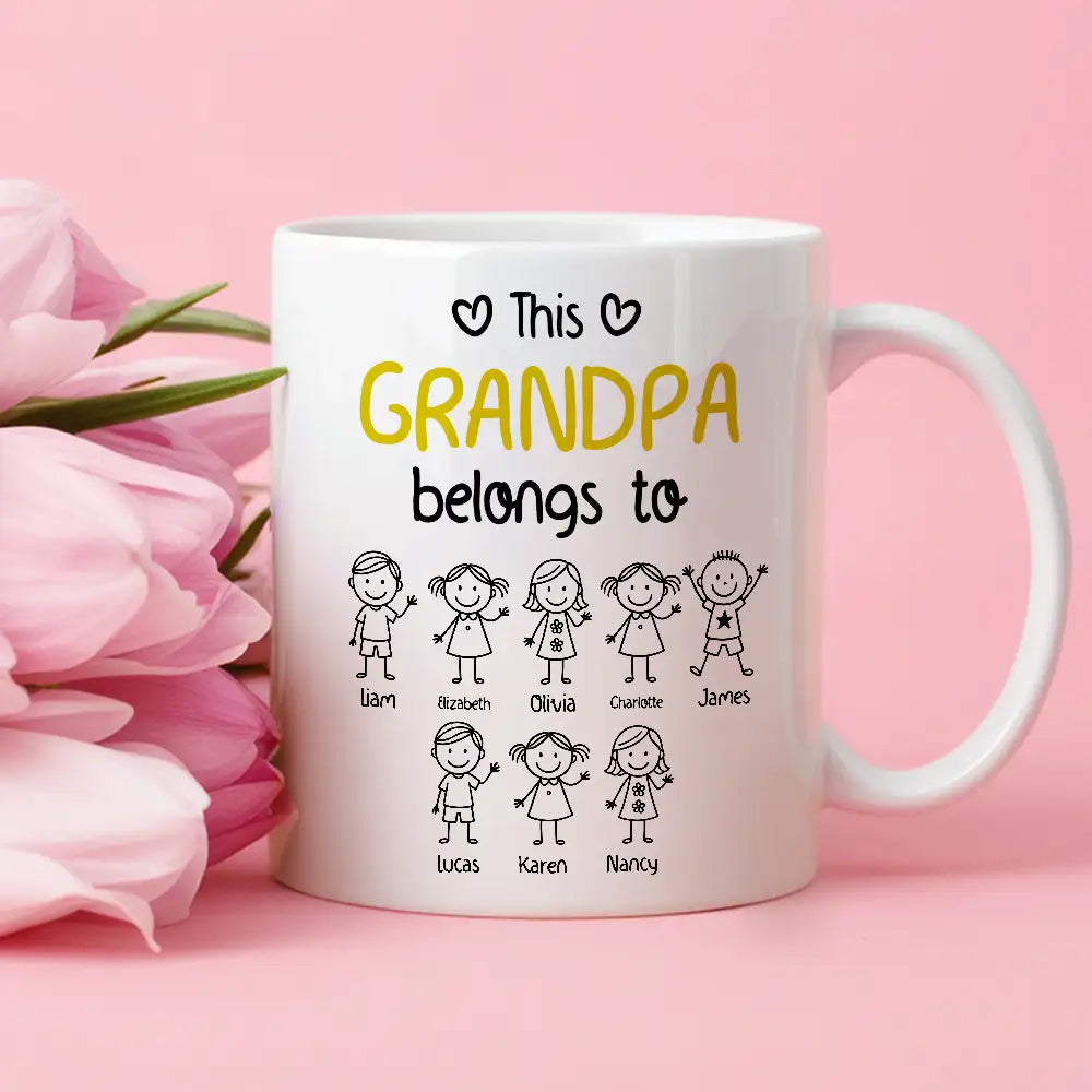 This Grandpa Belongs To – Personalized White Ceramic Mug with Grandkids' Names, Cute Gift for Grandfather