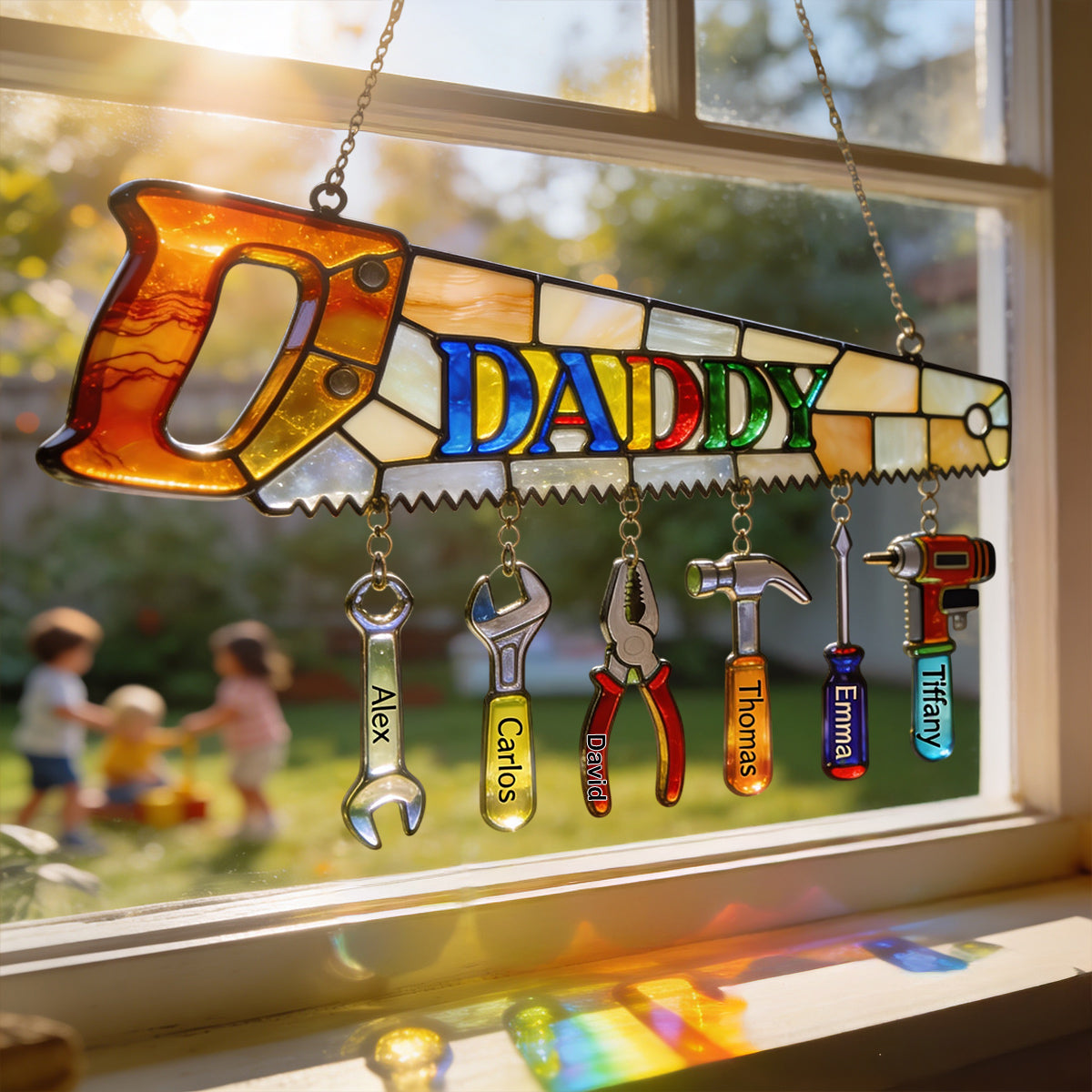 Best Dad Ever - Personalized Father Window Hanging Suncatcher With Custom Charms