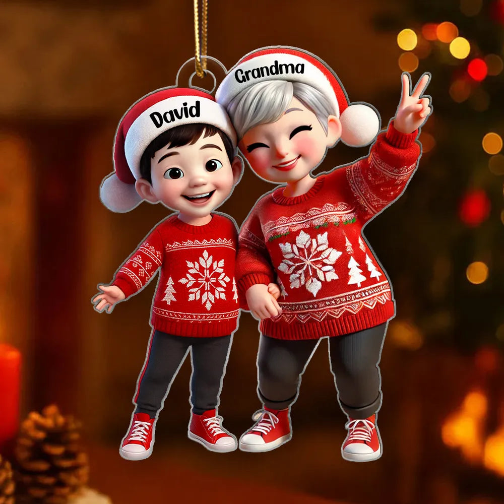 Acrylic Ornament with Grandma & Grandchild Christmas Theme, Festive Red Sweater Design, Perfect Family Gift Keepsake