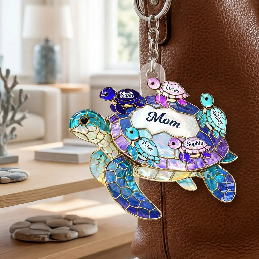 Personalized Sea Turtle Acrylic Keychain for Grandma - Bright Stained Glass Style Beach Charm, Unique Gift for Her