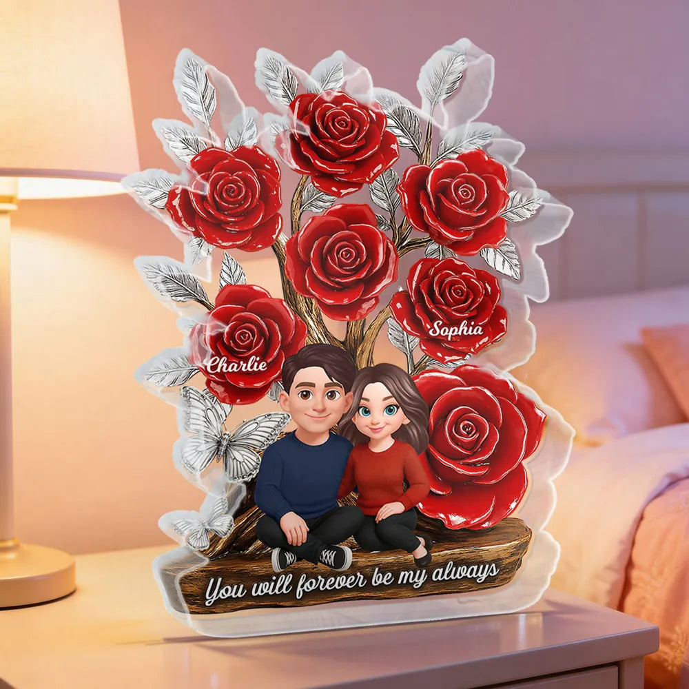 Personalized Shaped Acrylic Block Plaque with Red Rose Tree Couple Sitting Together, Unique Romantic Gift