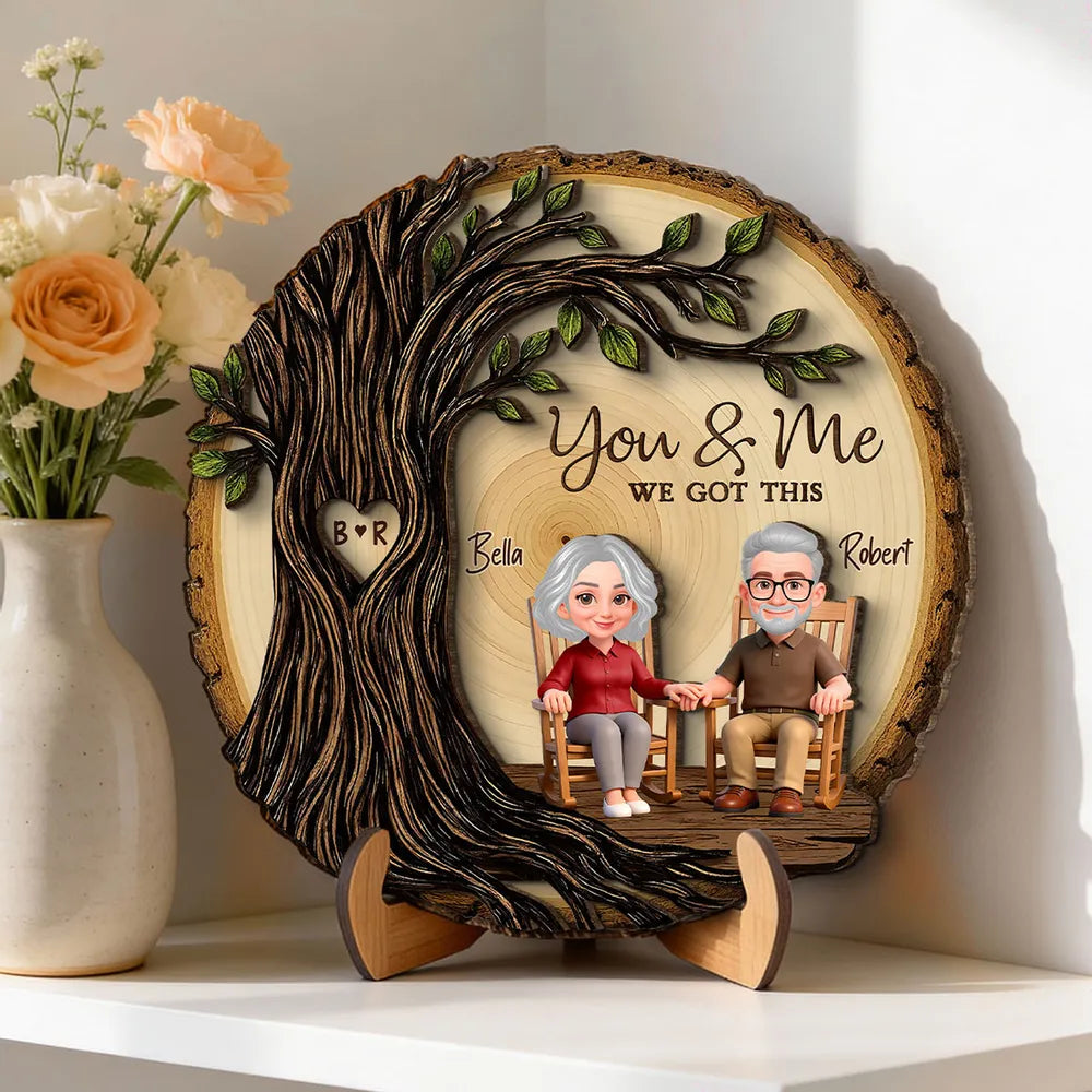 Personalized 2-Layer Wooden Plaque with You & Me We Got This, Couple Holding Hands Under Heart Tree, Unique Gift