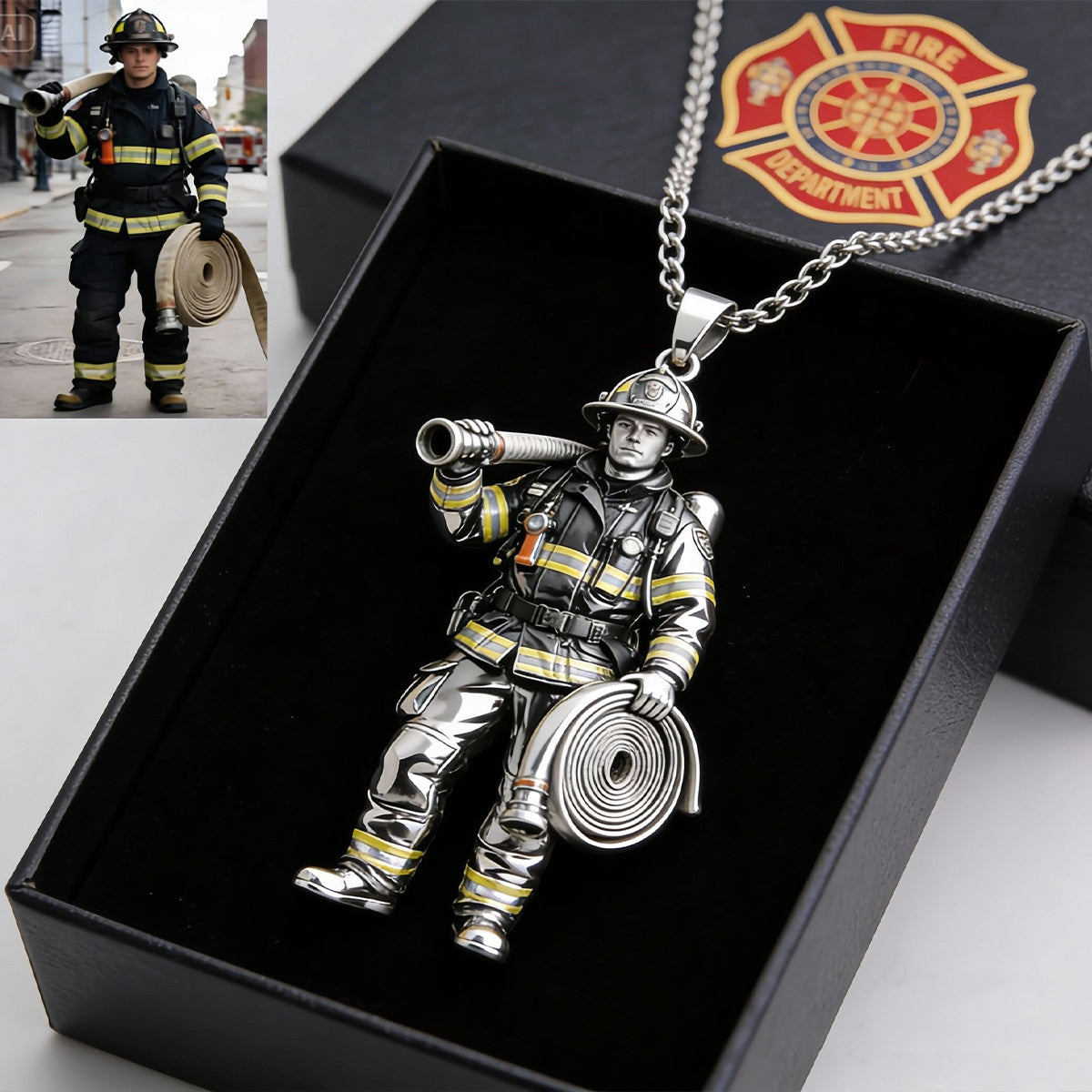 Firefighter, Police...Any Job - Any Photo - Personalized Firefighter Shaped Metal Pendant Necklace