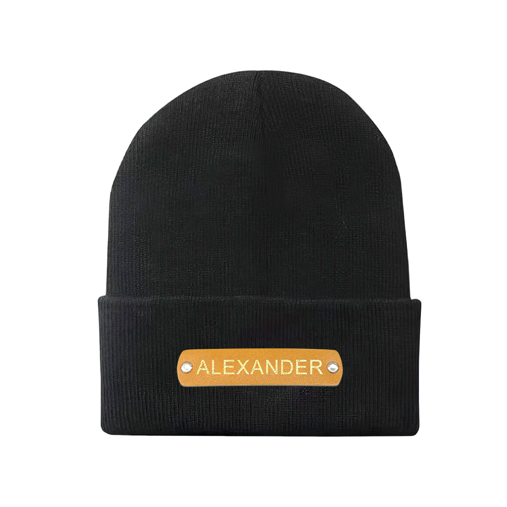 Custom Name Leather Patch Beanie - Personalized Beanie Hat