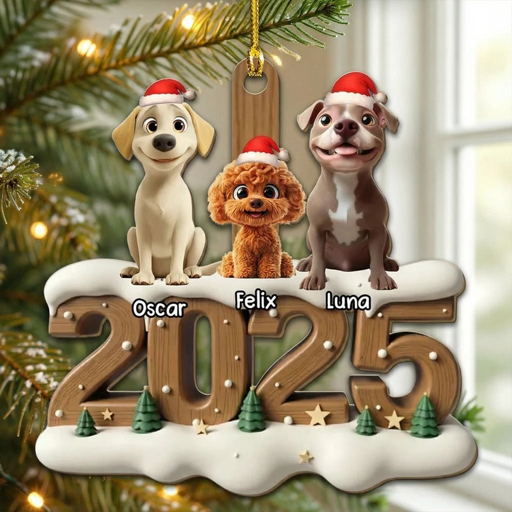 Personalized Pet Family Wooden Ornament with Santa Hats, Custom Names & Year, Heartwarming Christmas Tree Decoration