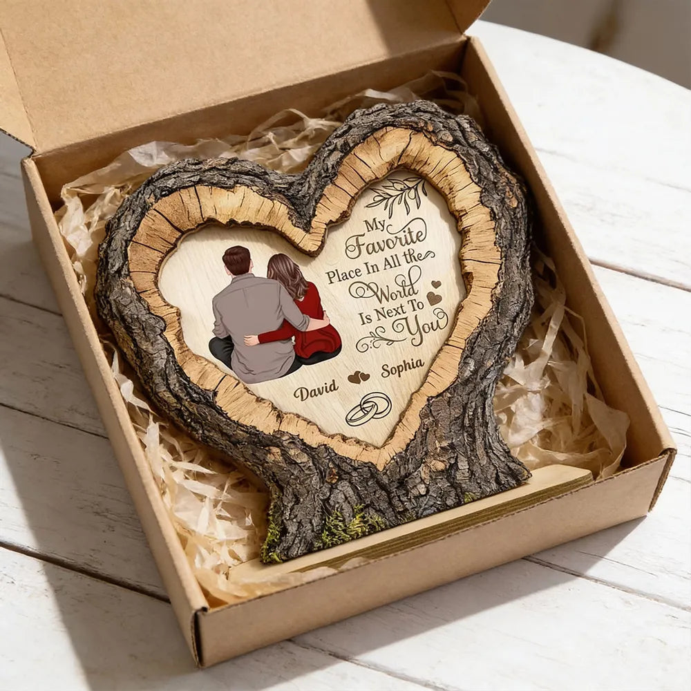 Personalized 2-Layer Wooden Plaque Heart Tree Ring Couple Hugging Unique Gift for Wife or Husband, My Favorite Place Is Next To You