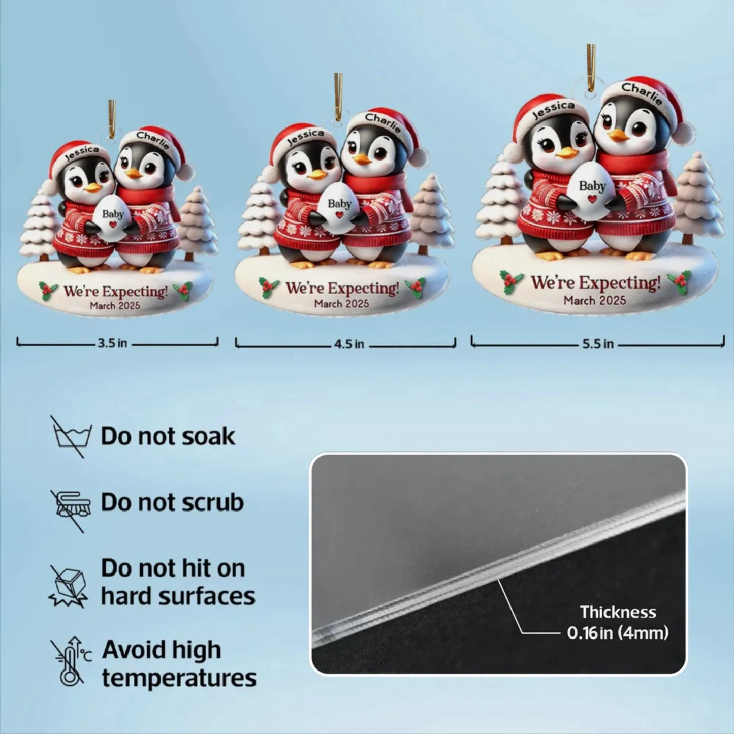 Custom Penguin Couple Acrylic Ornament for Parents-to-Be, Heartwarming Holiday Keepsake and Creative Baby Reveal Gift