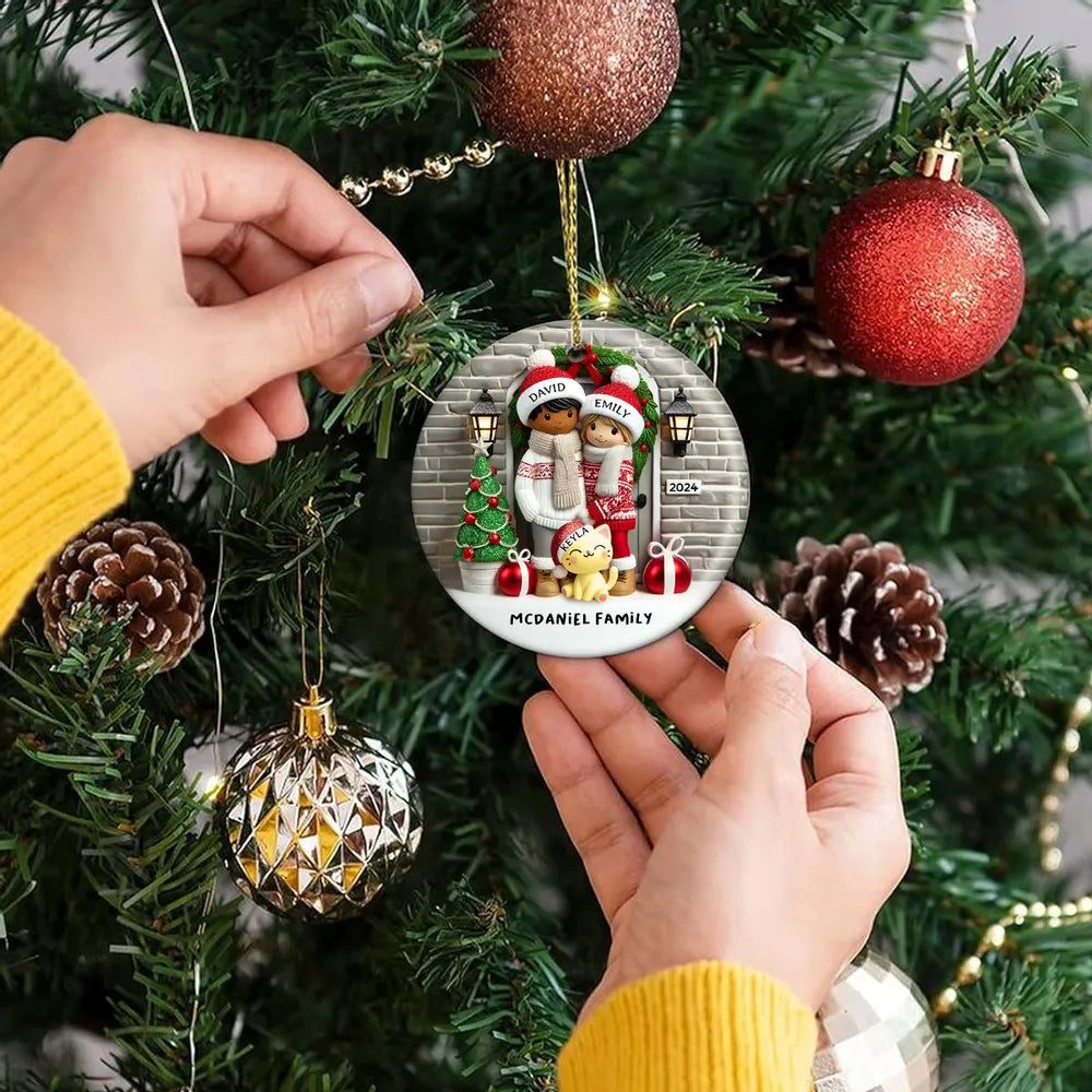 Ceramic Ornament Couple with Dogs at Festive Doorway, cozy tree-ready décor,perfect Christmas gift for pet-loving families