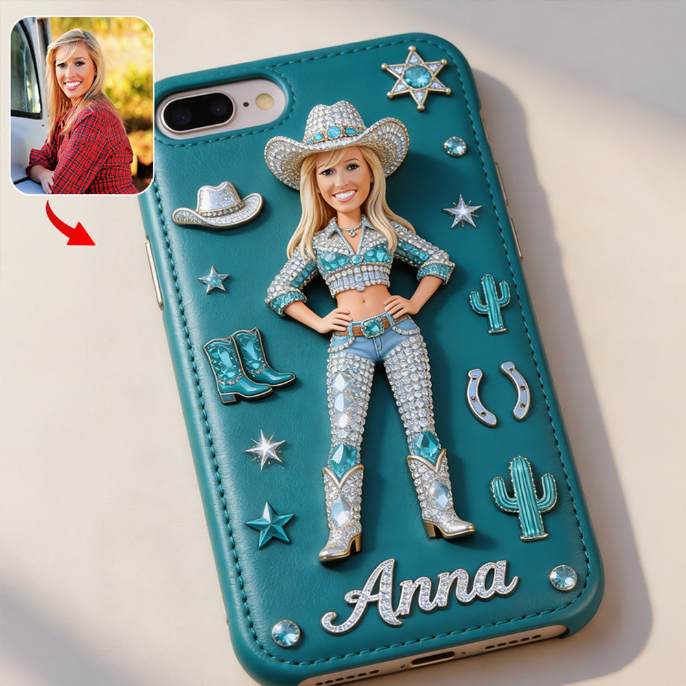 Cowgirl Spirit - Personalized Cowgirl 3D Embossed Leather Phone Case
