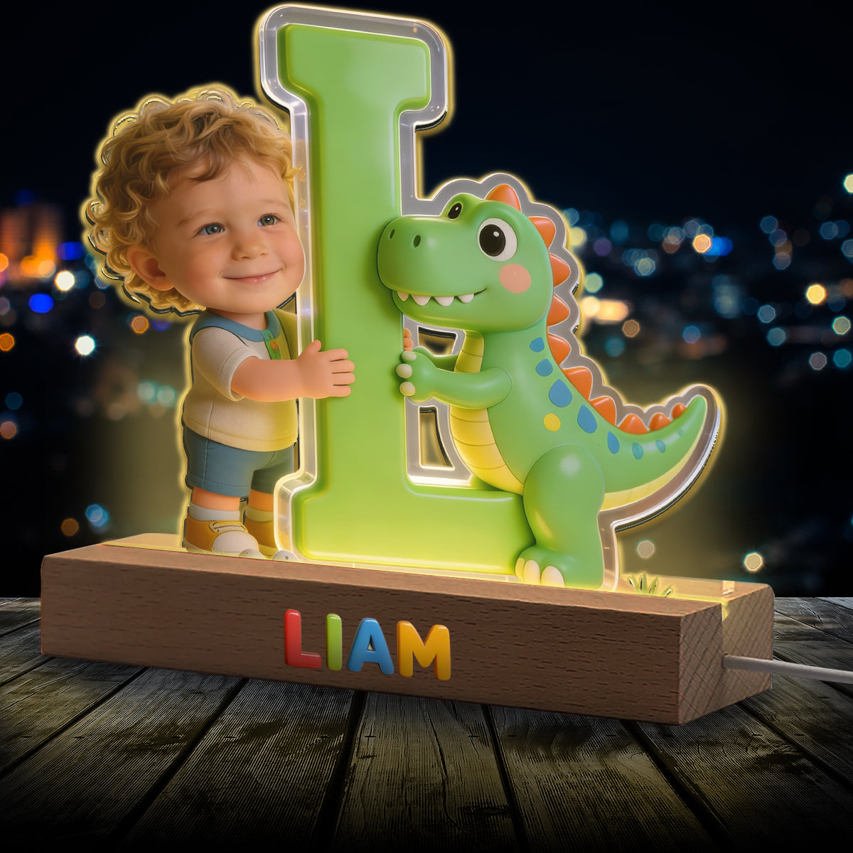 Dinosaur Alphabet Letter & Custom Photo - - Personalized Kid Shaped Led Night Light
