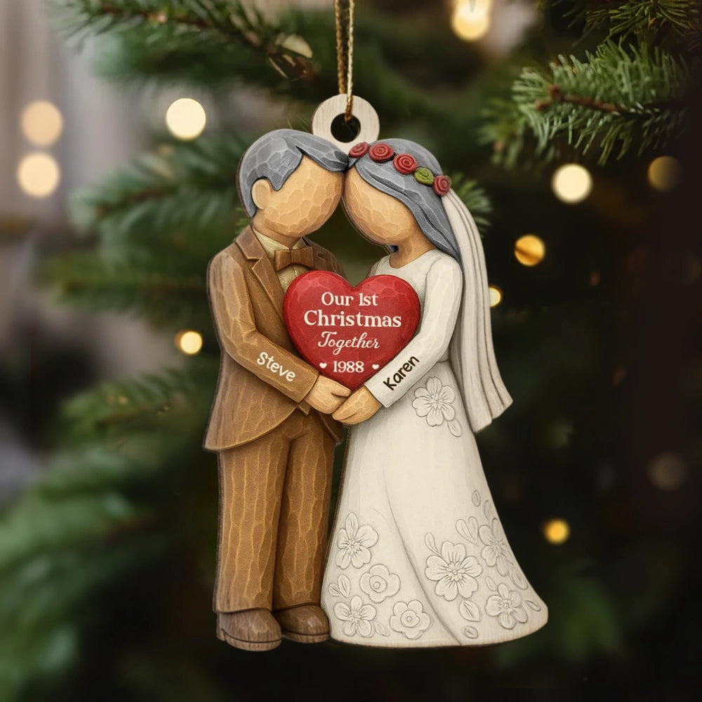 Wooden Ornament Personalized for Newlyweds, Handholding Bride and Groom Christmas Decor, Unique Gift for Couple