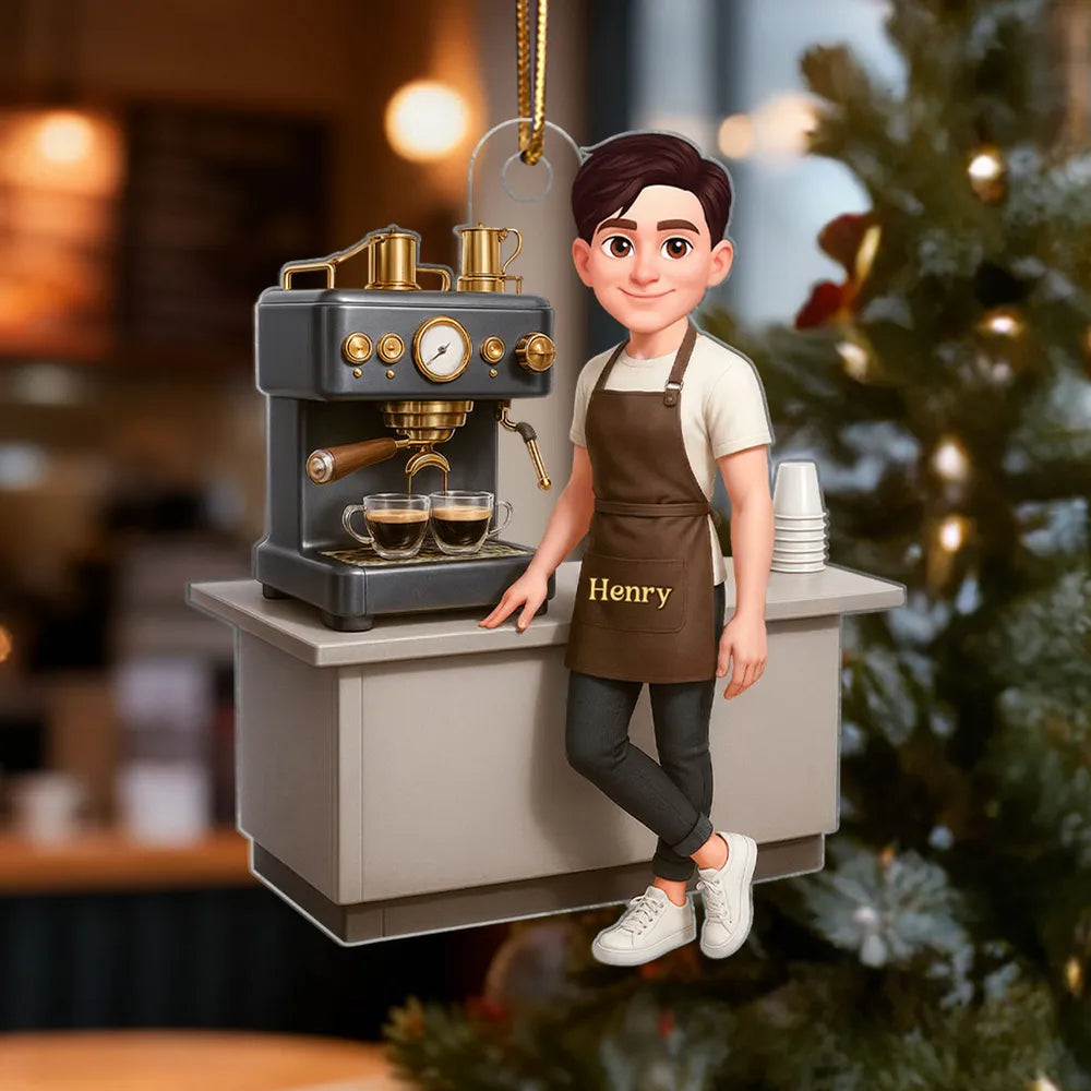 Custom Coffee Barista Acrylic Ornament With Espresso Machine Scene, Warm Holiday Decor, Creative Gift for Coffee Fans