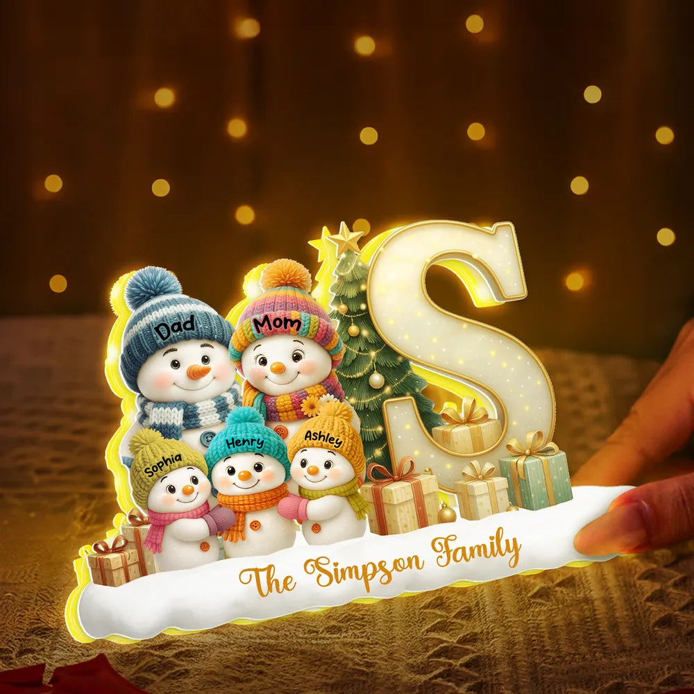 Snowman Family Christmas Acrylic Light Box | Personalized Initial Display, Perfect Gift for Families
