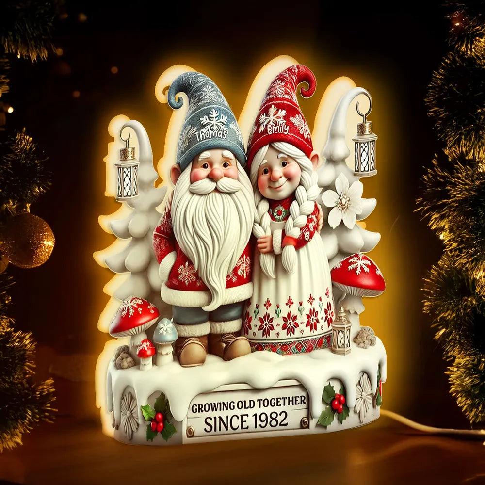 Acrylic Light Box with Christmas Gnome Couple Festive Illuminated Décor Growing Old Together Perfect Gift