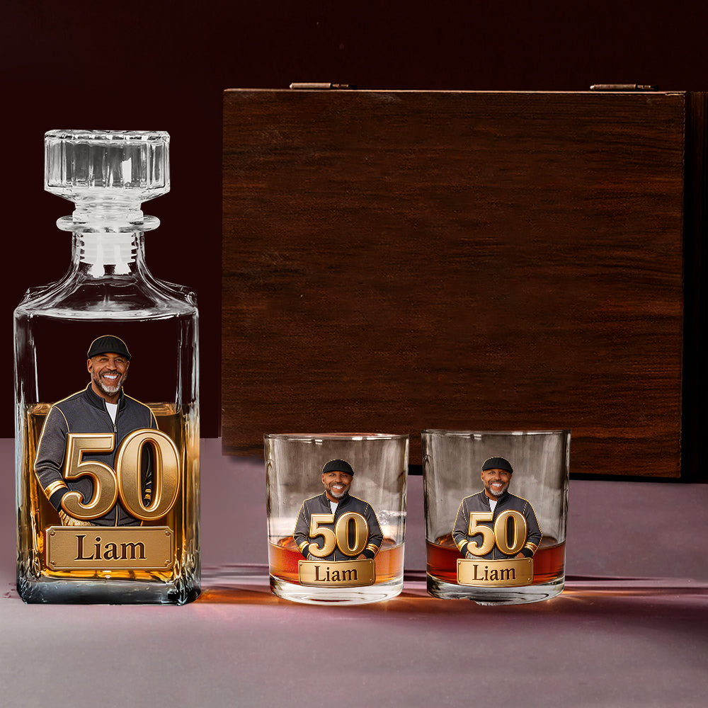 Custom Any Photo, Number - Personalized Birthday Whiskey Decanter Set