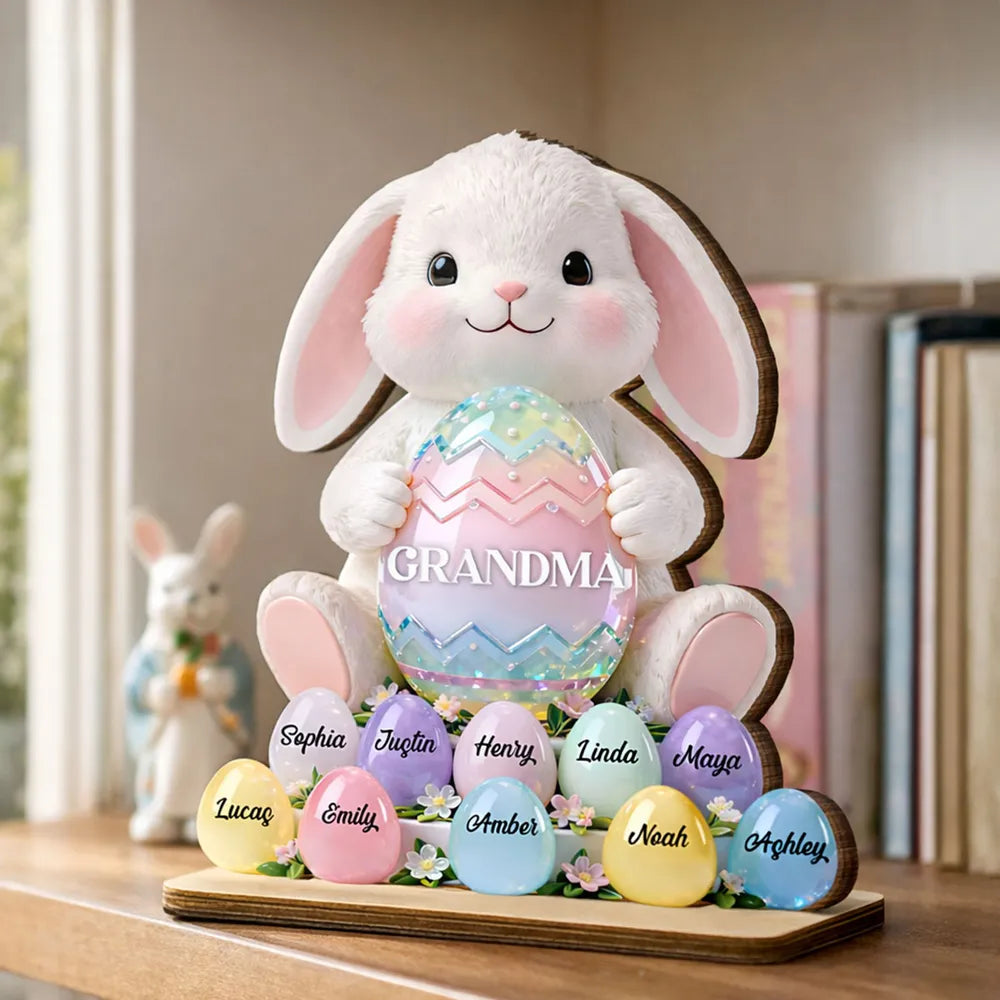2-Layer Wooden Plaque Personalized for Grandma - Cute Bunny with Pastel Eggs Easter Decor, Heartwarming Custom Gift