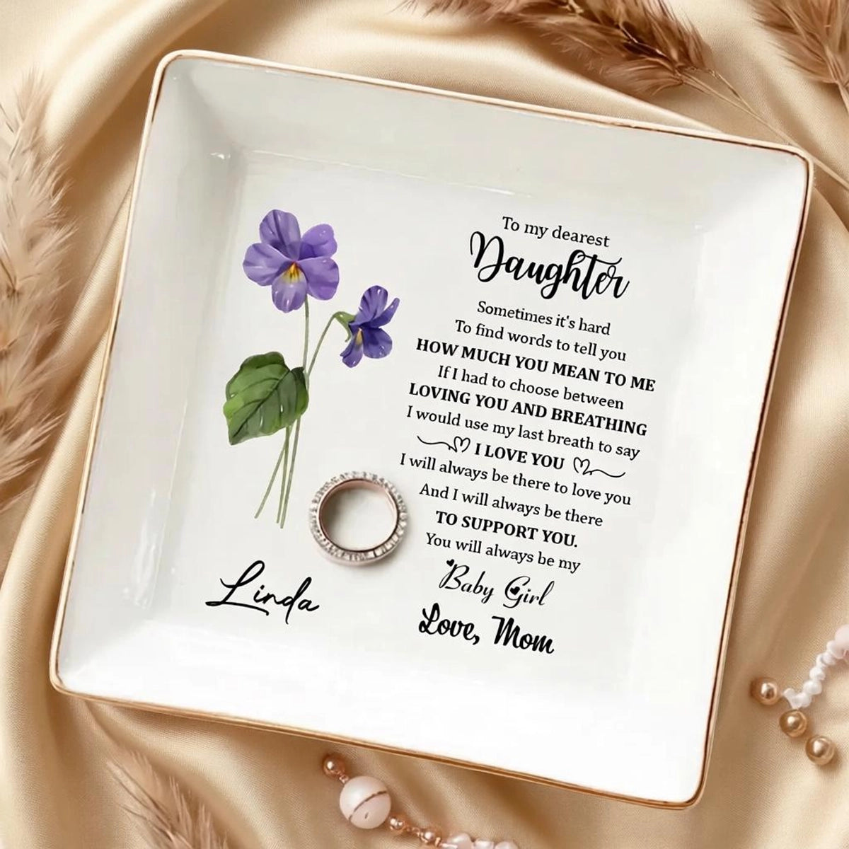 Jewelry Dish for Daughter, Personalized Keepsake Tray with Love Note and Purple Flower, Sweet Gift from Mom