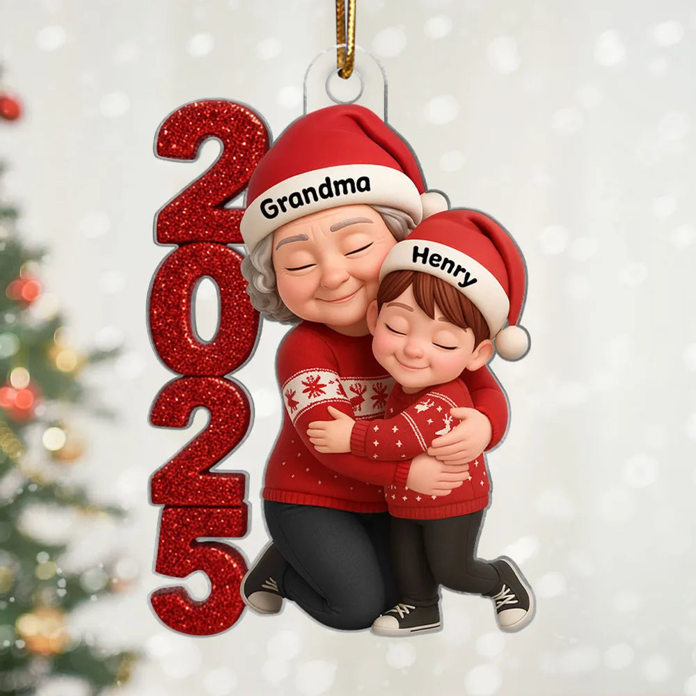 Acrylic Ornament - Personalized Grandma & Grandchild Hugging, Snowy Window - Christmas Keepsake, Unique Gift for Grandma