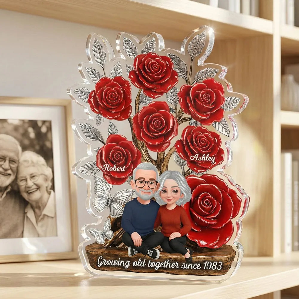 Personalized Shaped Acrylic Block Plaque with Red Rose Tree Couple Sitting Together, Unique Romantic Gift