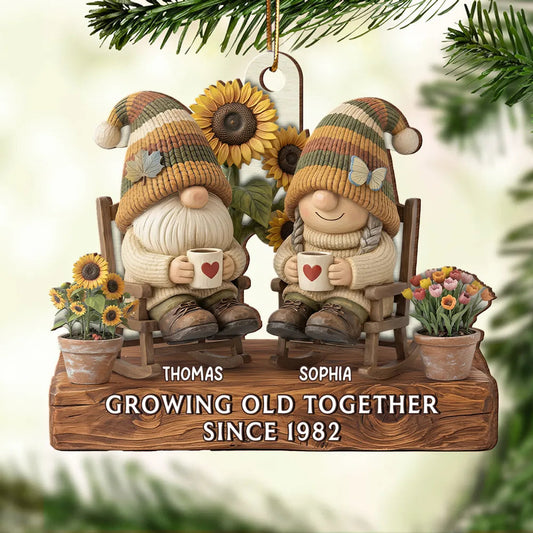 Wooden Ornament Personalized for a Couple, Cute Gnome Rocking Chairs with Sunflowers, Heartwarming Holiday Gift & Decor