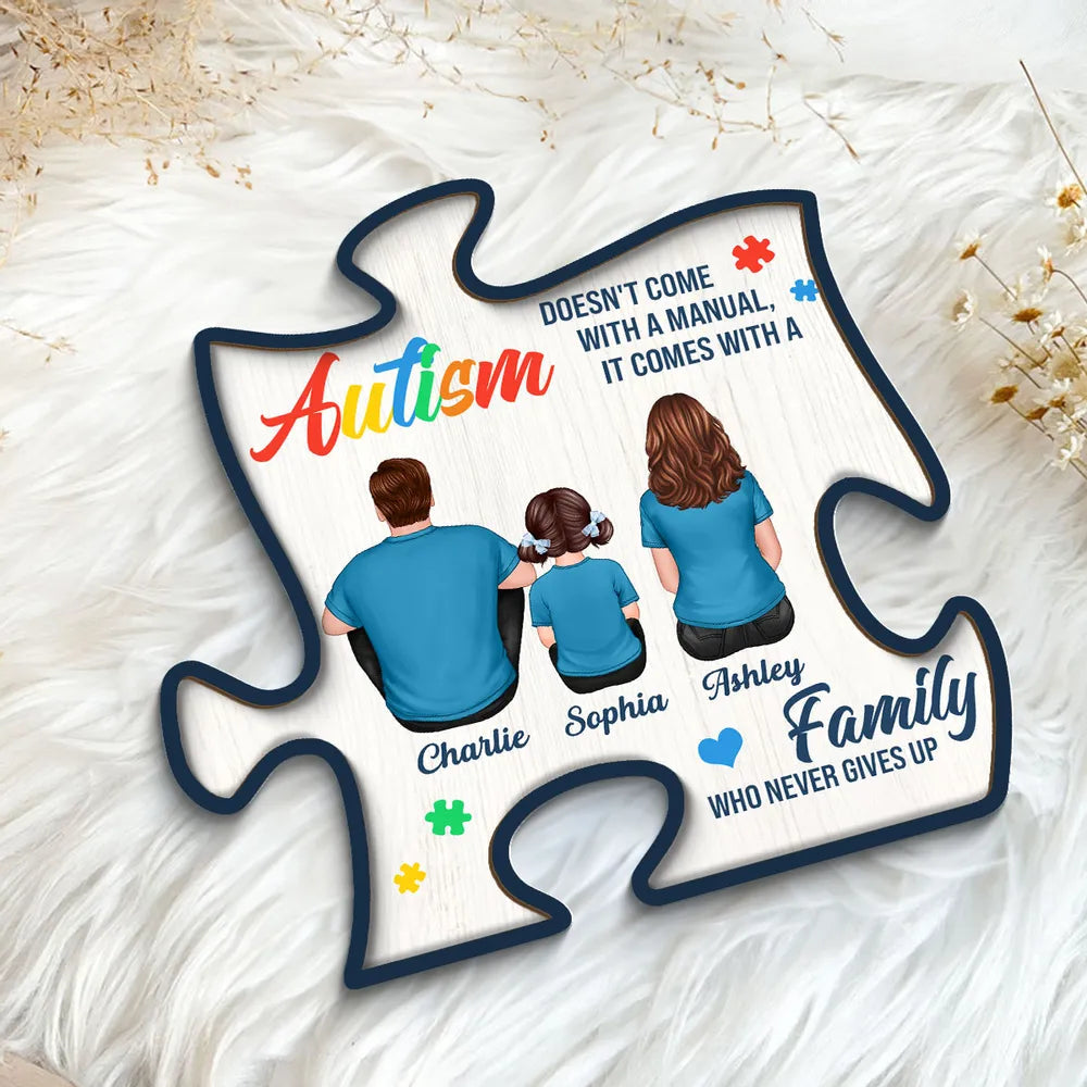 2-Layer Wooden Puzzle Plaque – Autism Family Quote “Family Who Never Gives Up” – Custom Parent & Child Back View Gift