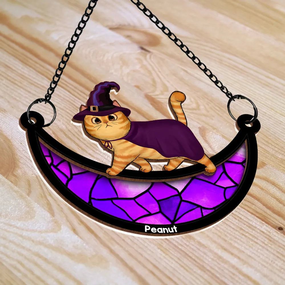 Wood and Acrylic Layered Ornament – Charming Cat with Cape & Hat, Chain-Hanging Moon Keepsake for Cat Lovers