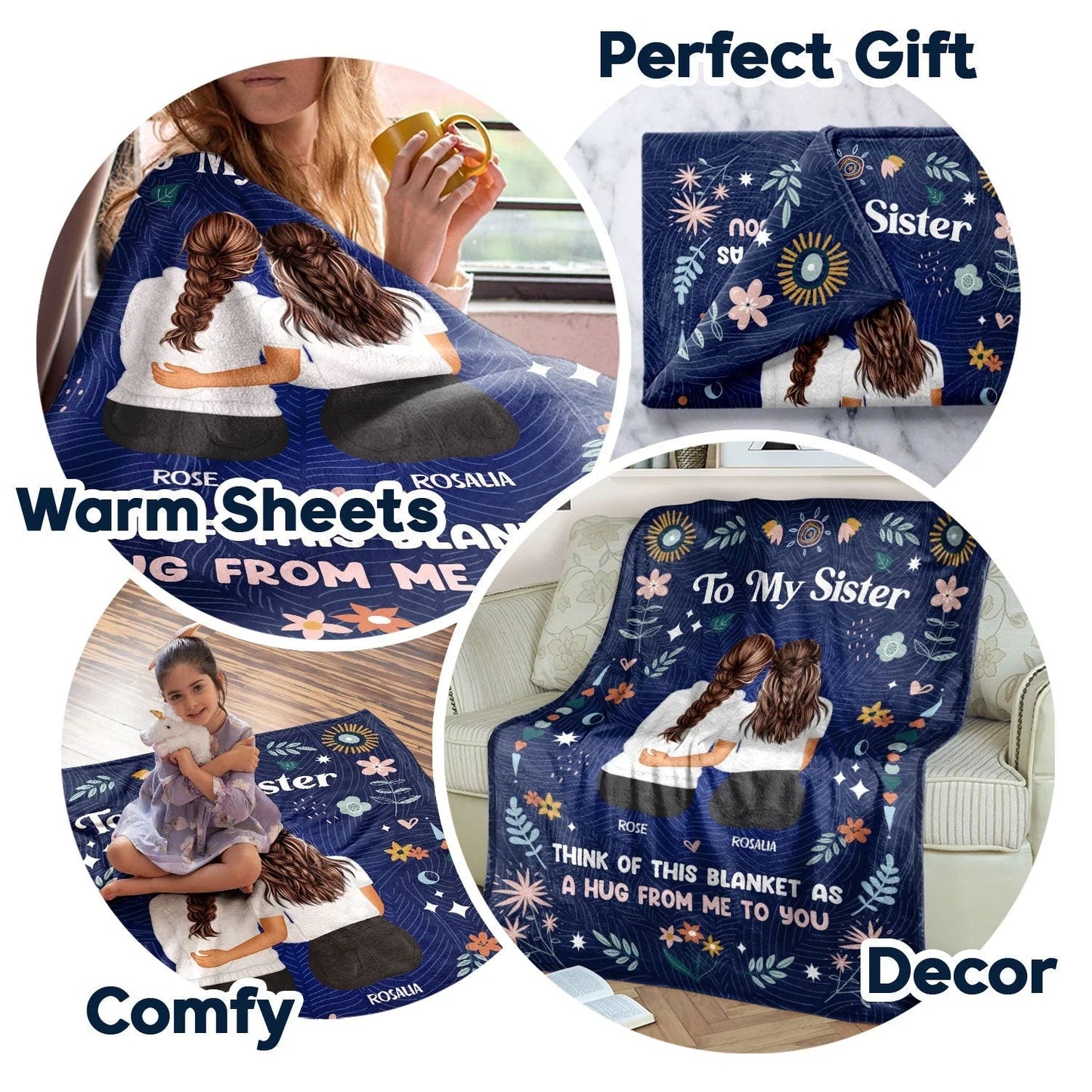 Fleece Blanket for Sister, Hugging Sisters Art with 'To My Sister' & 'A Hug from Me to You', Navy Floral, a Unique Gift
