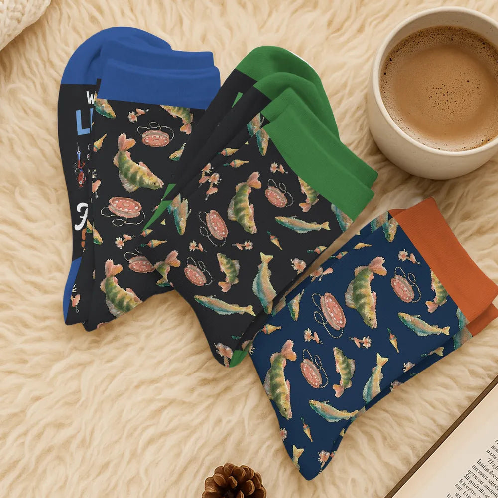 Personalized Fishing Crew Socks with Custom Name, Lucky Fisherman Gift, Funny Vibrant Fish Design