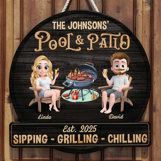 Personalized Pool & Patio Wooden Sign with Cute Couple Cartoon and Grill Scene, Unique Backyard Decor Gift