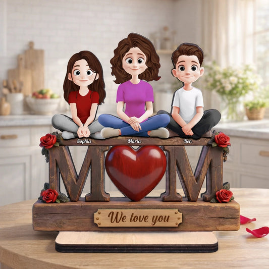 Personalized 2-Layer Wooden Plaque with Custom Cartoon Family and We Love You Message, Unique Gift for Mom