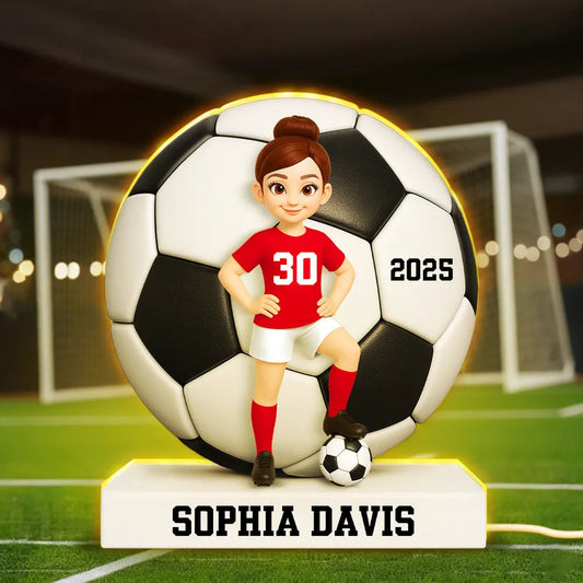 Personalized Acrylic Light Box Soccer Girl Lamp with Custom Player Design, Soft Warm Glow Bedroom Décor, Unique Gift for Young Athletes