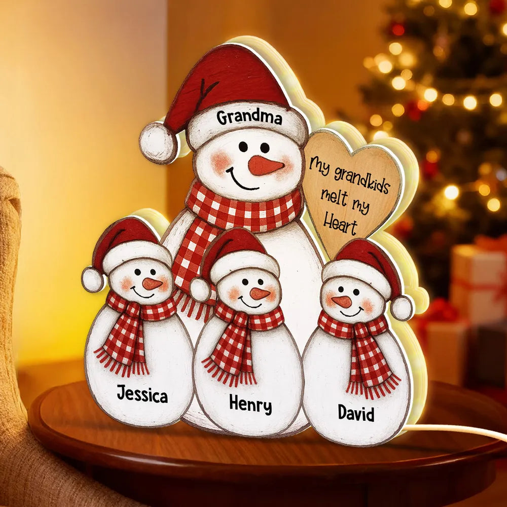Acrylic Light Box Snowman Grandma & Grandkids, Christmas folk art, warm glow, unique gift for Grandma
