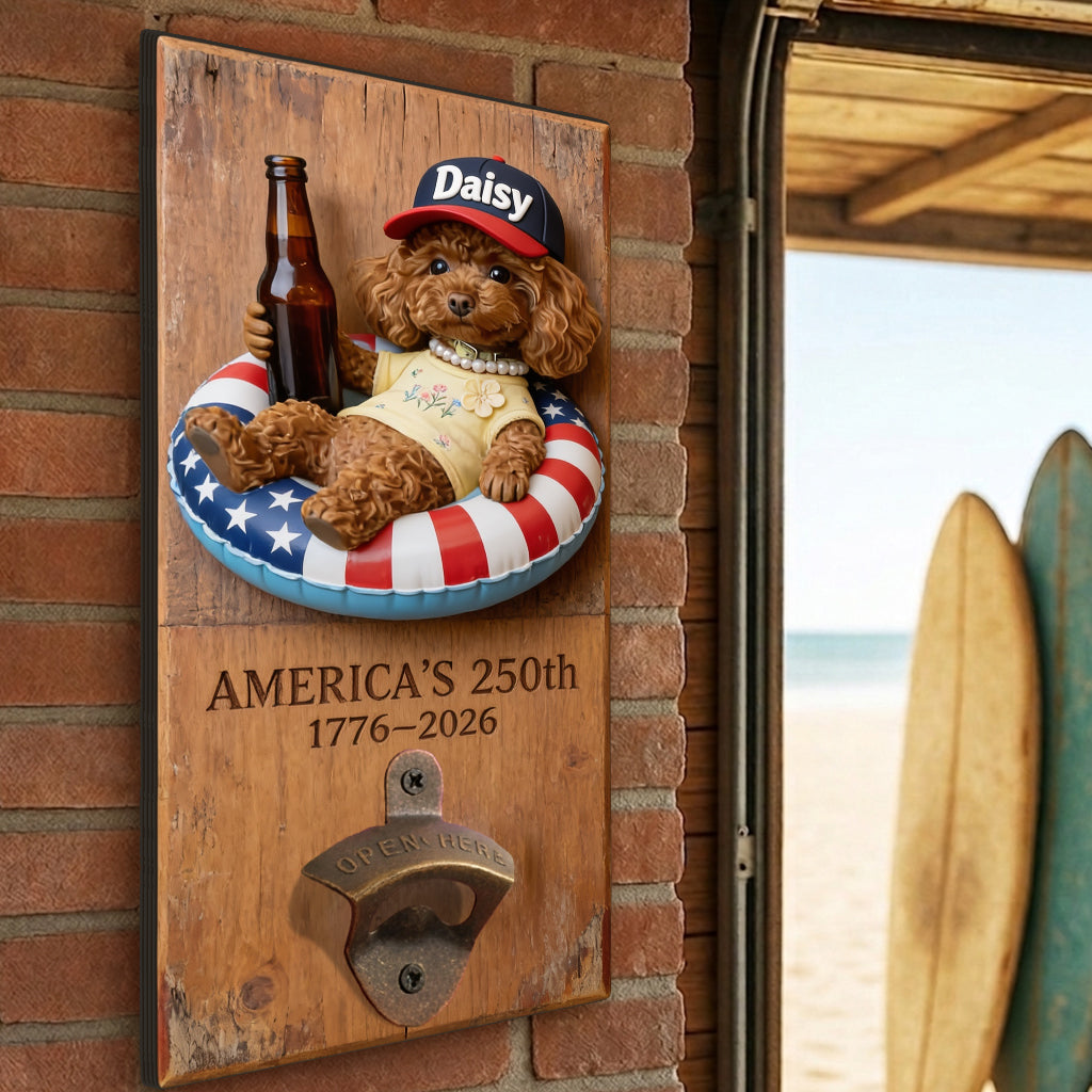 Dog With American Flag - Personalized Dog Wall Bottle Opener
