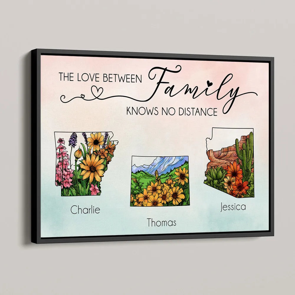 The Love Between Family Friends Knows No Distance Watercolor Wildflower State Map Personalized Poster or Plaque or Keychain or Ornament