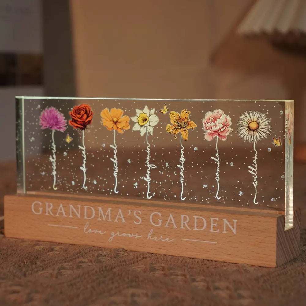 Personalized LED Plaque with Grandkids' Names & Birth Month Flowers