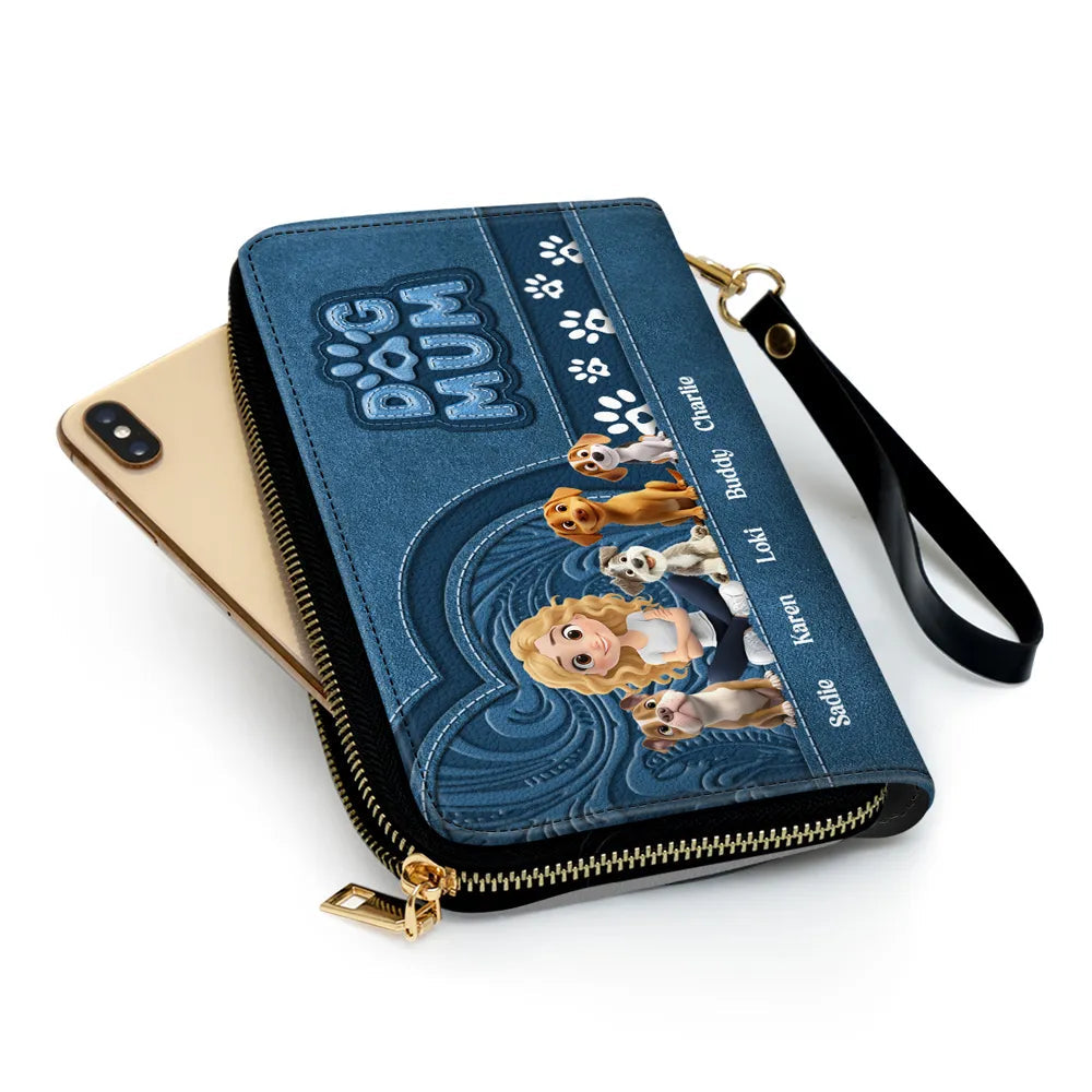 Custom Leather Long Wallet for Dog Moms – Adorable Pet Illustration with Name Personalization