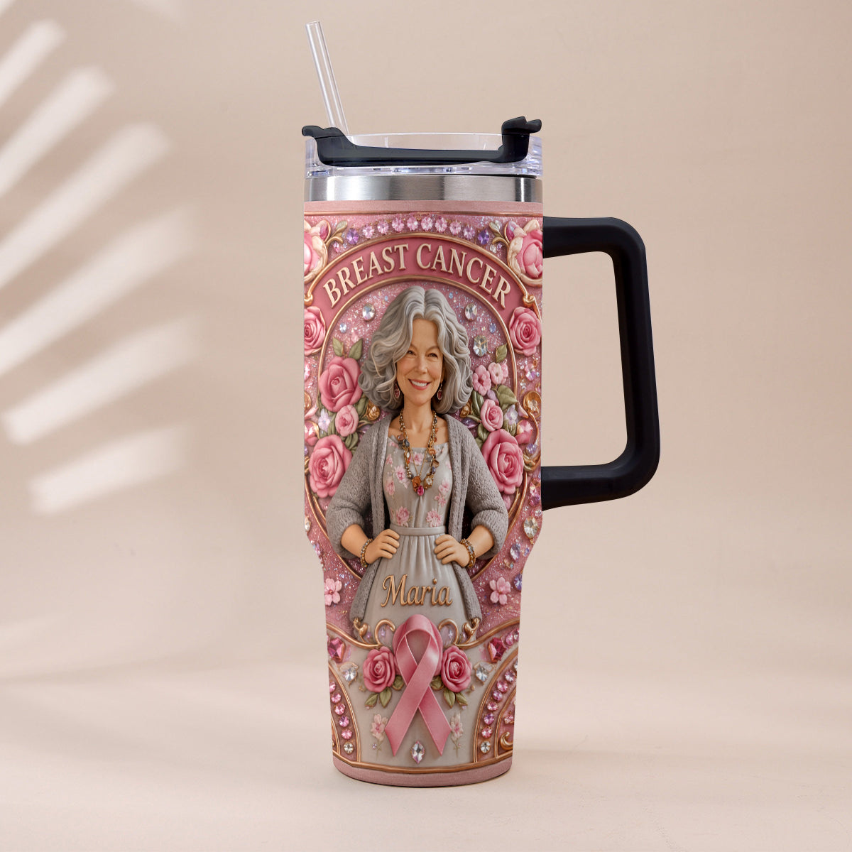Hope Strength Love - Personalized Breast Cancer Awareness Tumbler With Plush Charm