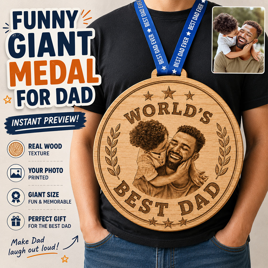 Giant Medal Funny World's Best Dad Custom Photo - Personalized Father Shaped Wood Sign With Sash