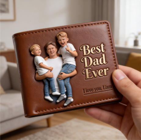 Custom 3D Photo Embossed Leather Wallet for Men - Personalized Best Dad Ever Bi-fold Wallet, Custom Father's Day Gift