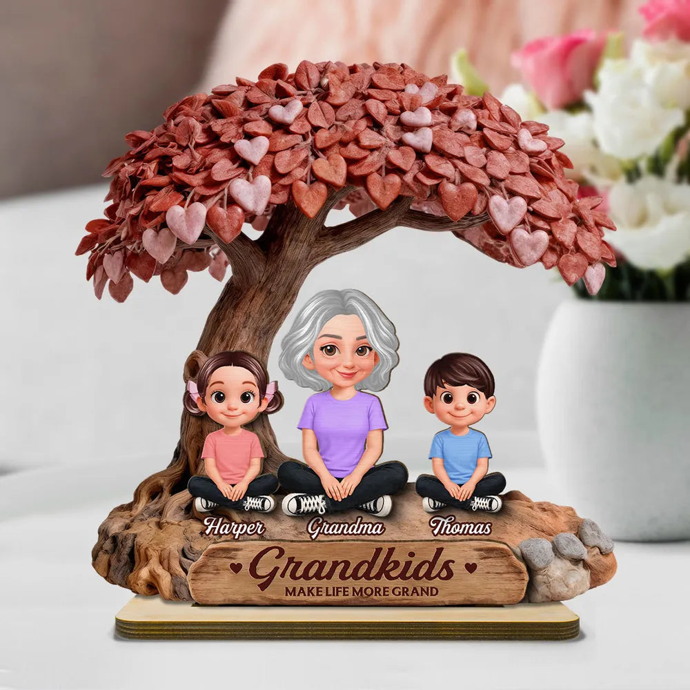 Personalized 2-Layer Wooden Plaque Grandma With Grandkids Under Heart Tree - Unique Family Keepsake Gift