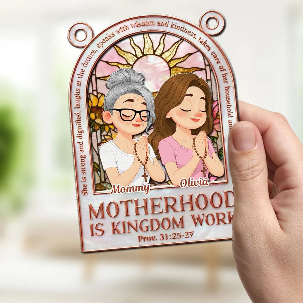 Wood and Acrylic Layered Ornament Personalized for Mom, Motherhood Is Kingdom Work Quote, Sweet Faith Filled Gift With Warm Color