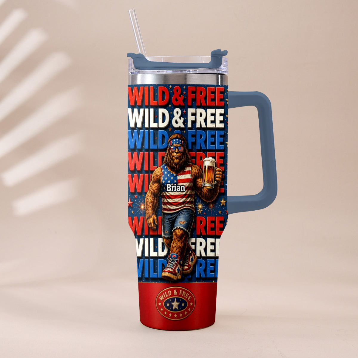 4th of July, Bigfoot Independence Day - Personalized Bigfoot Tumbler With Handle