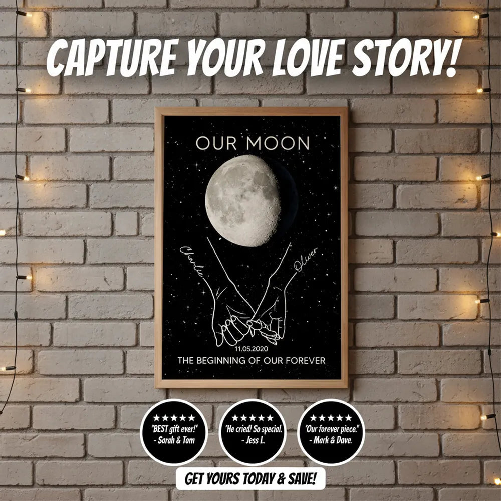 Personalized Moon Phase Couple Holding Hands Line Art Poster, Romantic Starry Night Wall Decor, Unique Gift