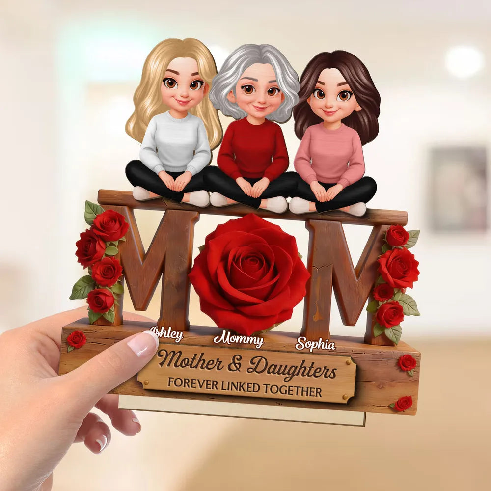 Personalized 2-Layer Wooden Plaque Mom & Daughters Roses Living Room Decor, Unique Gift for Mom