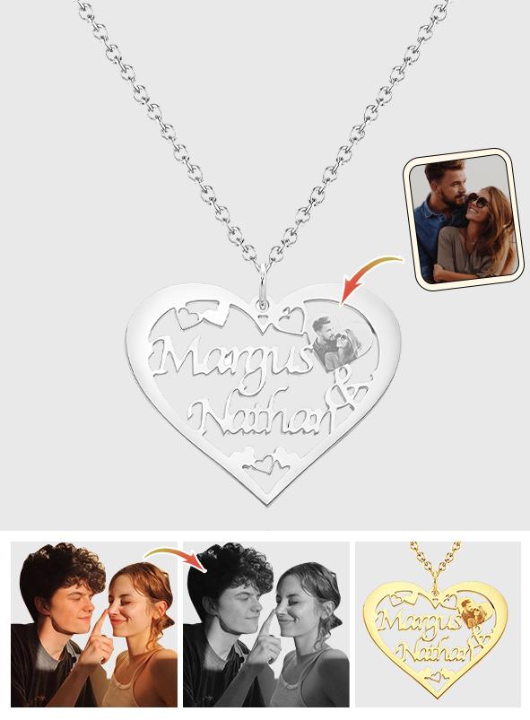 Engraved Photo Necklaces Heart-shaped With Names - Personalized Couple Necklace