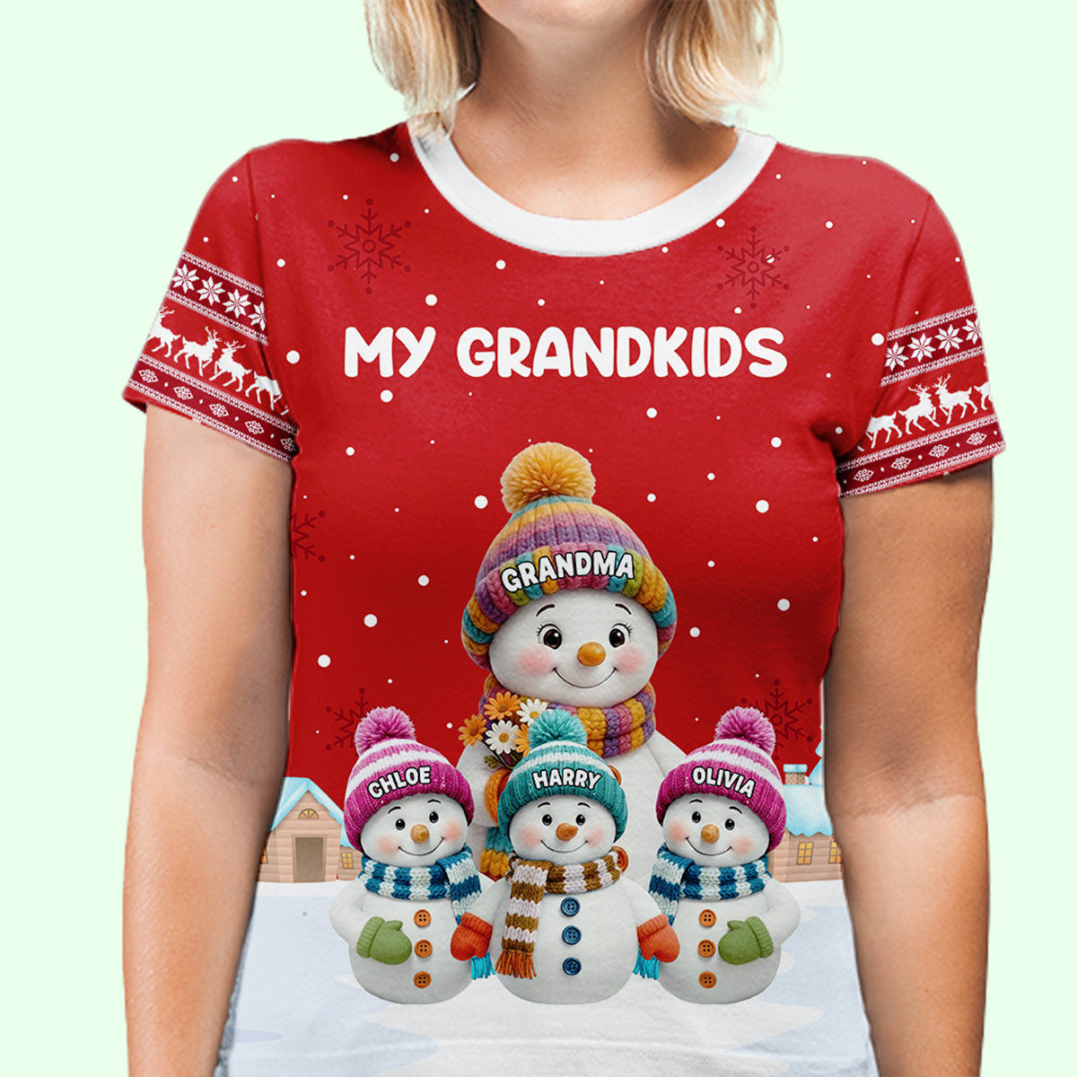 Personalized Printed Classic Tee for Grandma with Grandkids Snowman Scene, Cozy Christmas Gift She Will Love