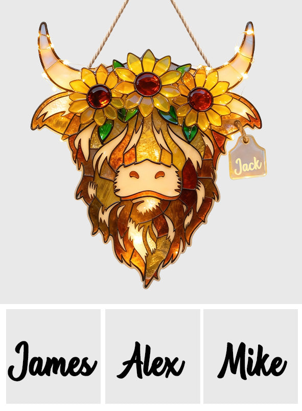 Highland Cow With Sunflowers - Personalized Highland Cow LED Light Acrylic Sign